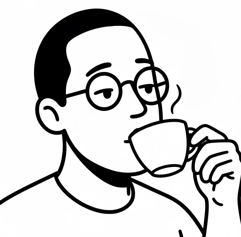 Illustrated portrait of Faiz holding a coffee cup