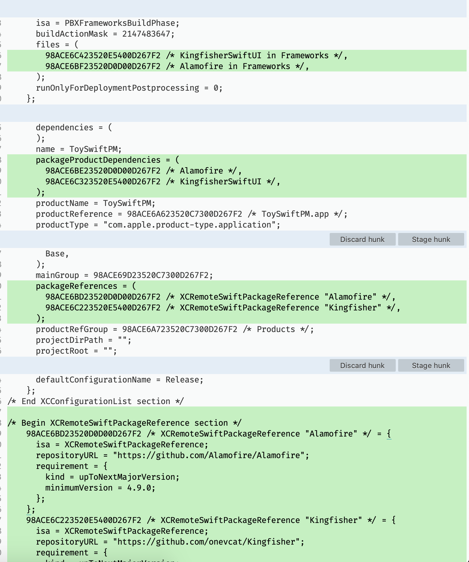 git diff for the xcodeproj